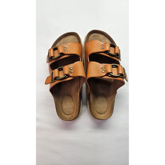 Time and Tru Shoes - Time n Tru Womens Cognac Brown Double Strap Buckle Slide Sandals Espadrille Trim